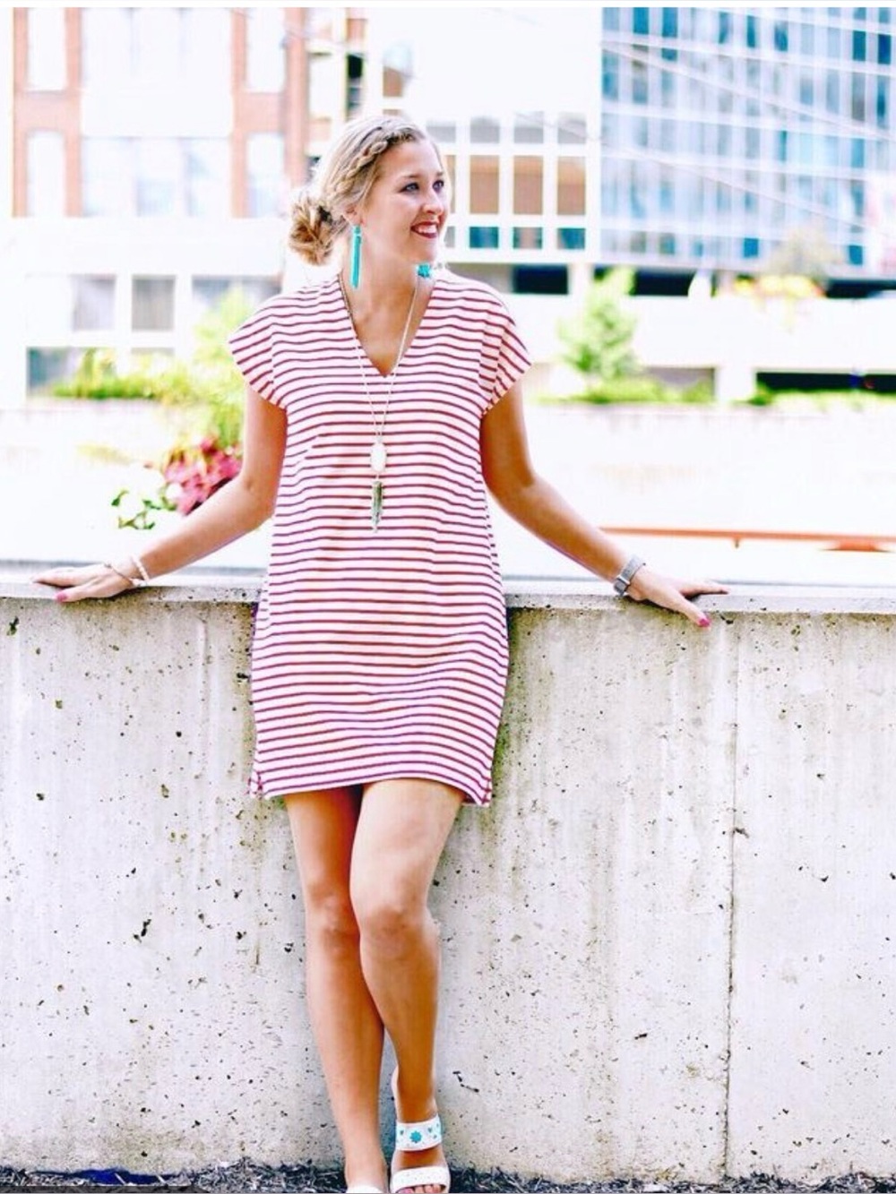 J. Crew Pink and White Striped V-Neck dress